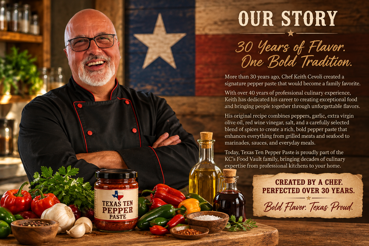 Chef Keith Cevoli in a black chef jacket alongside Texas Ten Pepper Paste